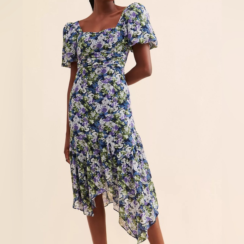 Anthropologie ASTR the Label Asymmetrical Floral Midi Dress Medium purple blue